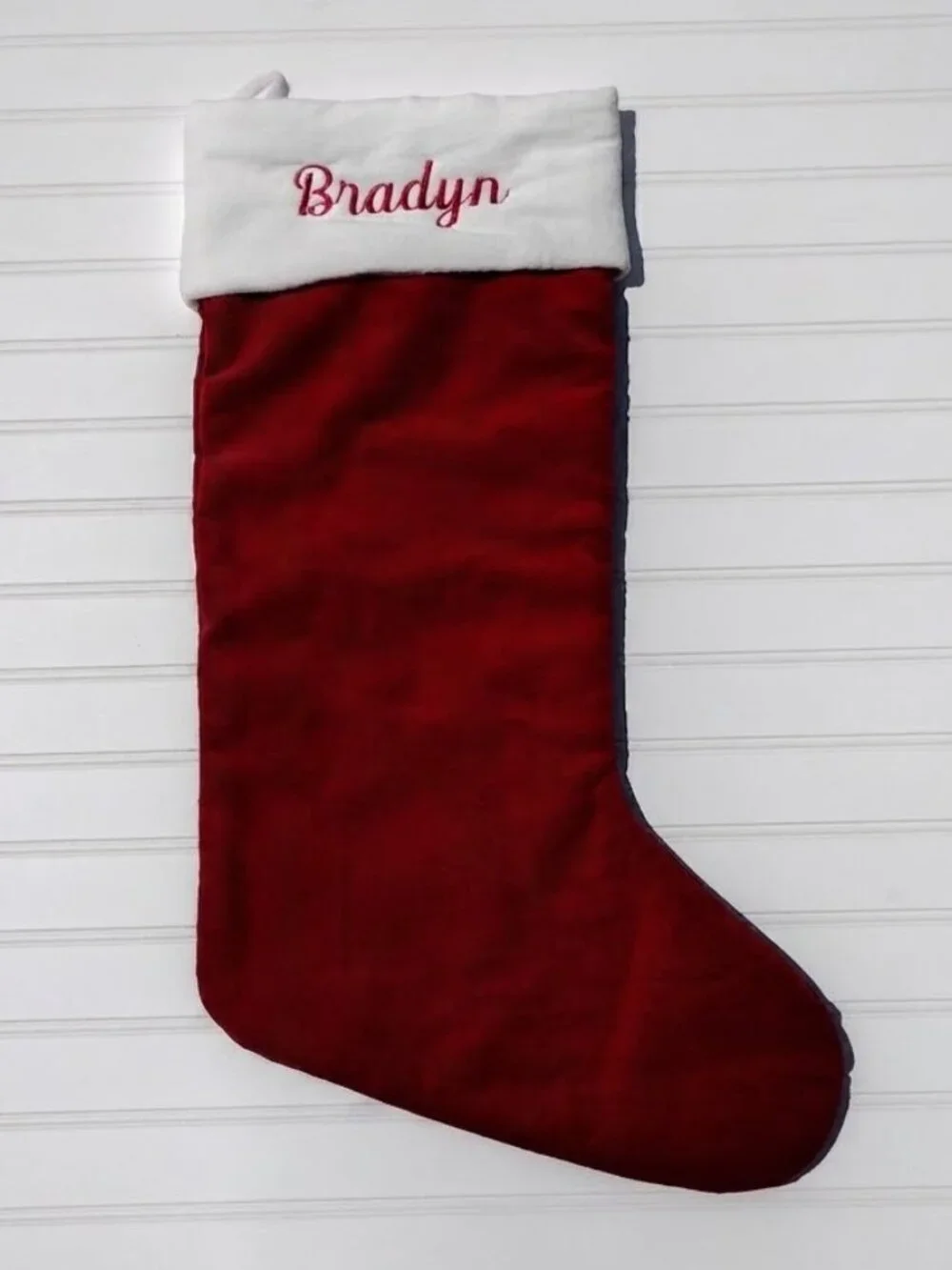 NWT Pottery Barn Christmas Stocking BRADYN Monogram Red and White Velvet Classic